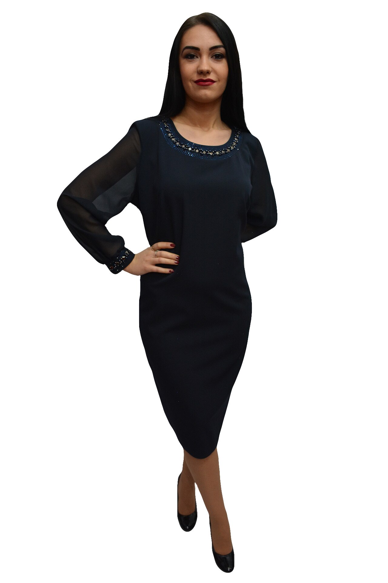 Rochie cu croi cambrat si maneca din voal transparent,masura mare,D&J Exclusive, Bleumarin