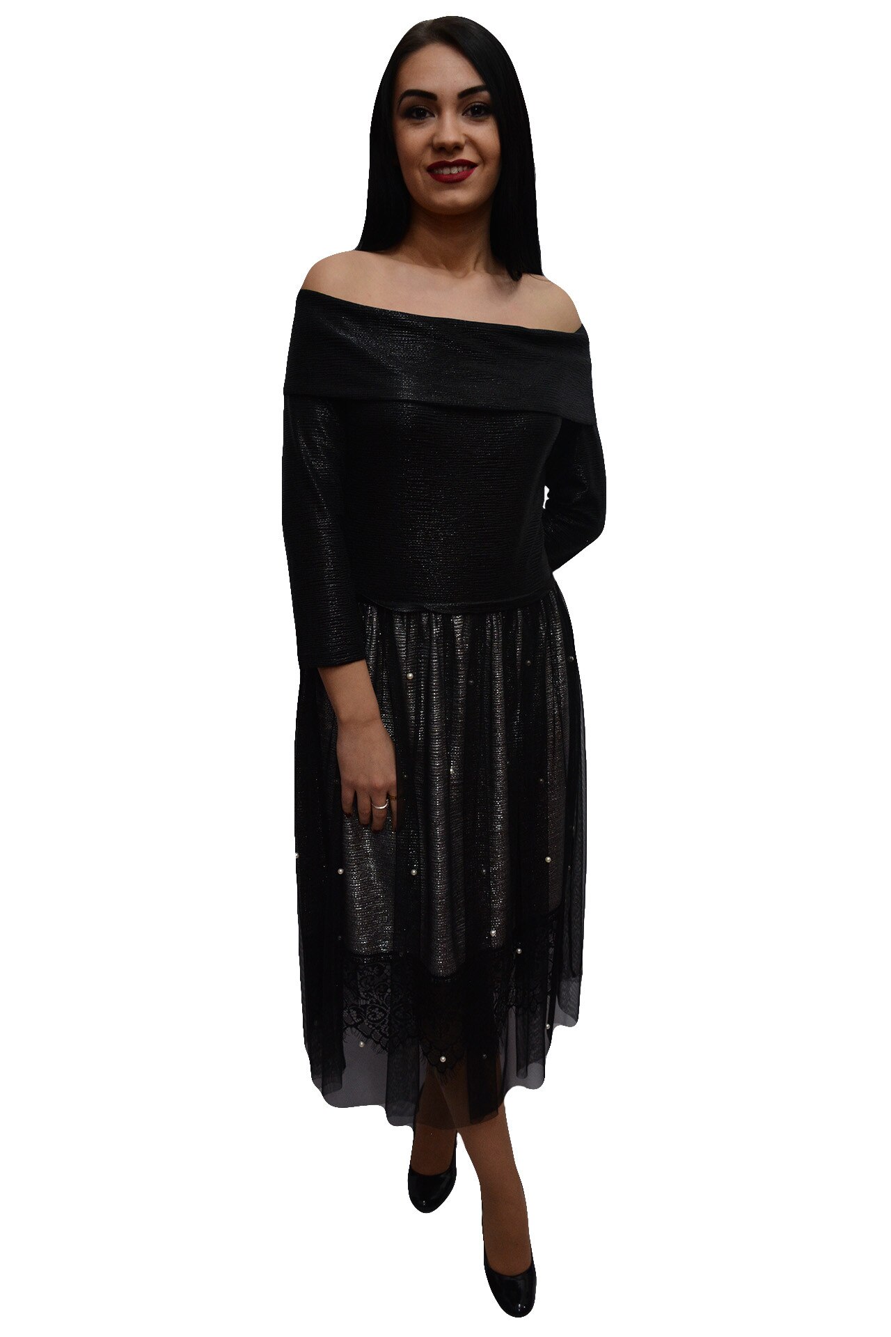 Rochie tinereasca cu croi evazat si decolteu drept,D&J Exclusive, Negru/Argintiu