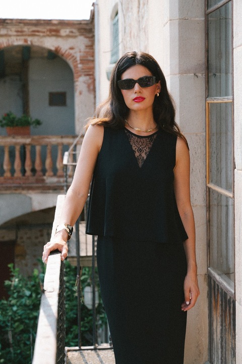 Rochie eleganta cu top dublu si insertie de dantela - negru, Negru