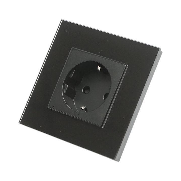 Priză Schuko simplă Breckner Germania neagră 220V, 16A, dimensiuni 86x86x34mm, ramă din sticlă