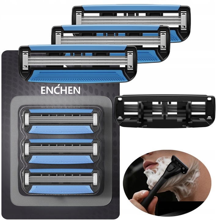 Set 3 Lame Schimbabile pentru Aparat de Ras ENCHEN T30-R, Formă Ergonomică, Acoperire din Titan, Negru, Dimensiune 43.2x14.3mm