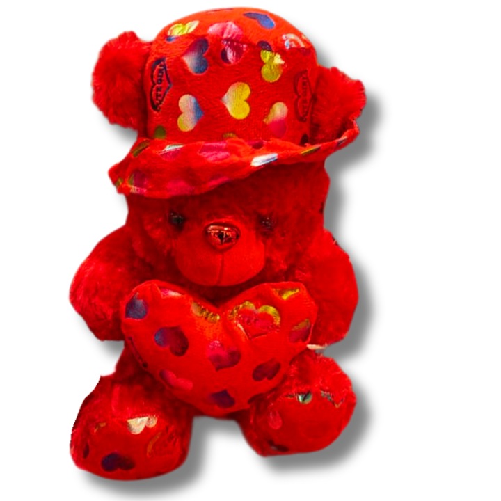 Urs din Plus, rosu, 33 cm, cu palarie si inimioara