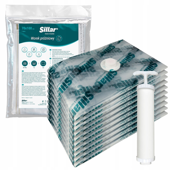 Set 10 pungi de vid pentru haine, Sillar, 70x100cm, 80 microni, cu pompa manuala