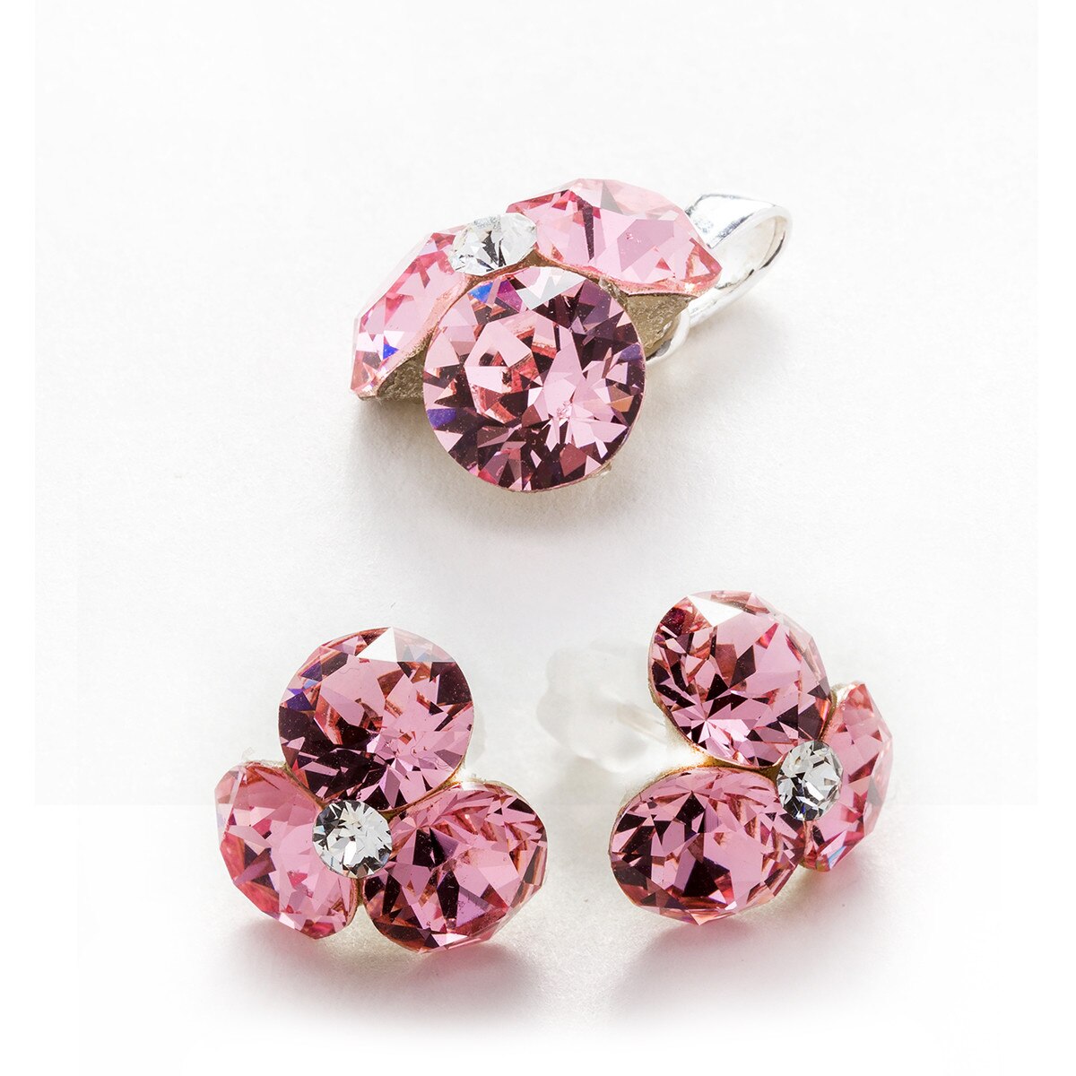 Set Argint DaviCrystals cu cristale cercei trifoi cu tija si pandantiv light rose