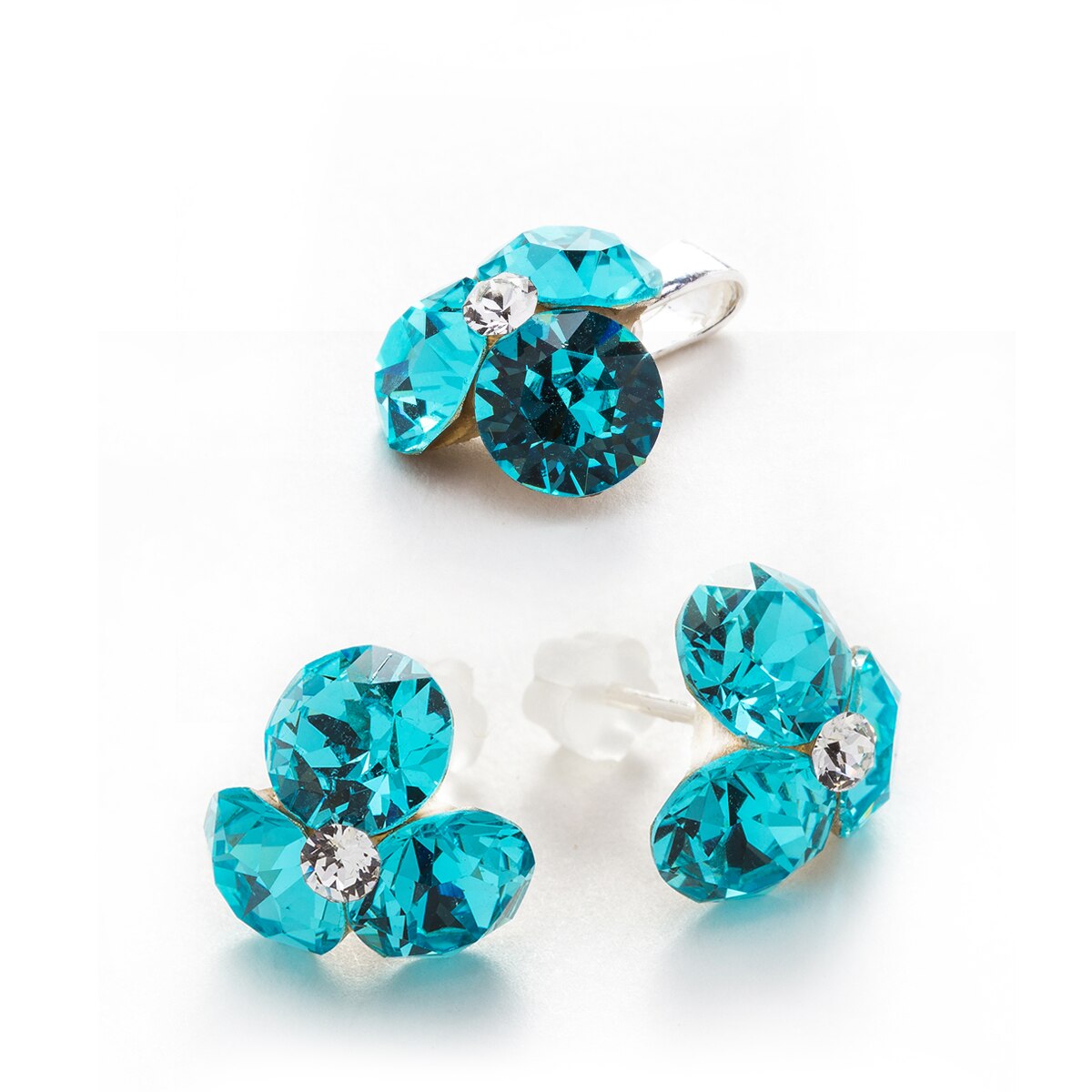Set Argint DaviCrystals cu cristale cercei trifoi cu tija si pandantiv light turquoise