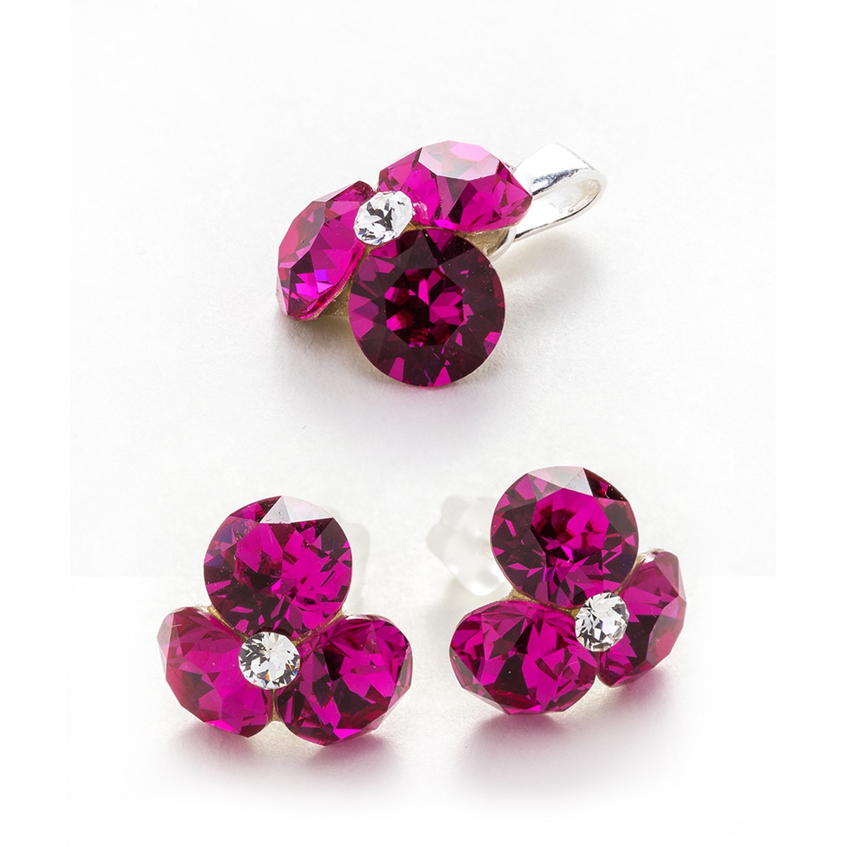 Set Argint DaviCrystals cu cristale cercei trifoi cu tija si pandantiv fuchsia