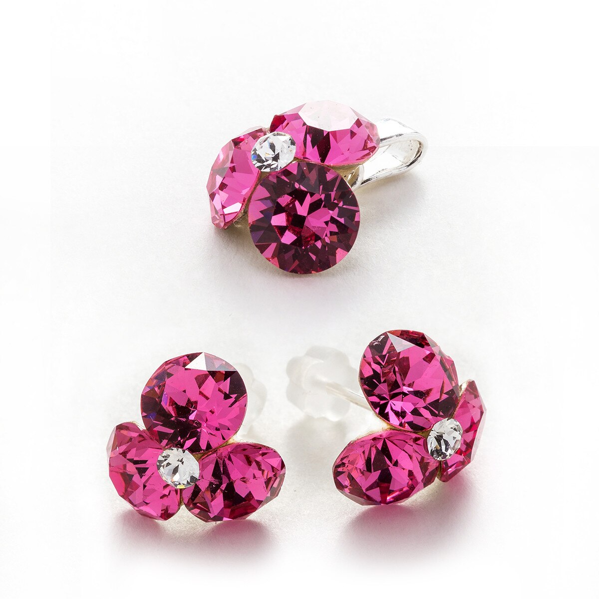 Set Argint DaviCrystals cu cristale cercei trifoi cu tija si pandantiv rose