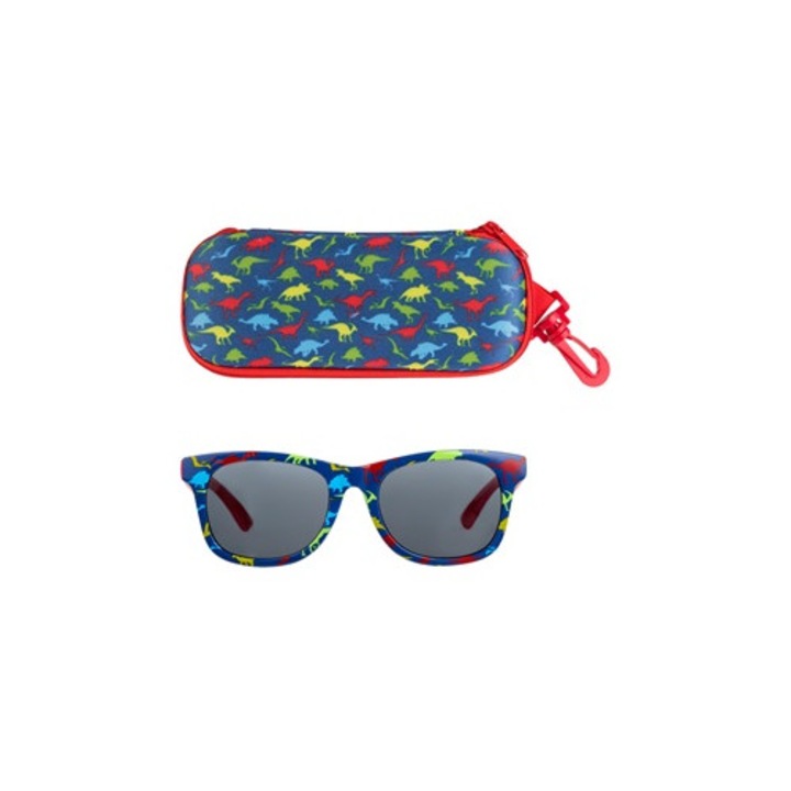 Комплект Сини Детски Слънчеви Очила с Цветни Динозаври, Червени Дръжки, Син Калъф, 2 бр.