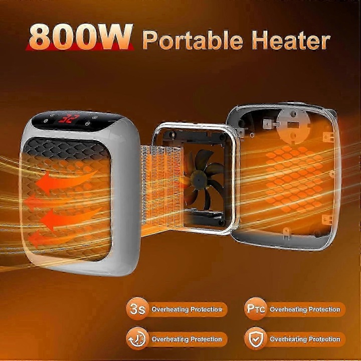 Aeroterma portabil, 800W, cu control de la distanta, timer 12h, display LED, 2 setari, compacta, multicolor