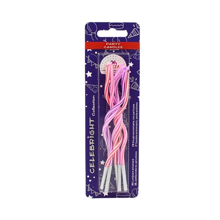 Комплект 6 свещи за торта, Gift Design, извити, розови, лилави, червени, 14 см