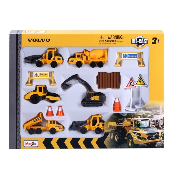 Комплект 6 строителни машини Maisto Volvo, жълто-сив, метал-пластмаса