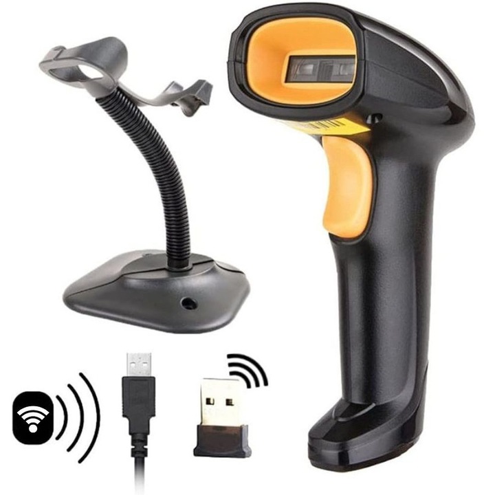 Cititor coduri de bare 1D/2D & QR, Giftry®, Wireless 2.4G + USB, compatibil Android/iOS/PC, 200 scan/sec, baterie 1800 mAh, cu suport reglabil, negru