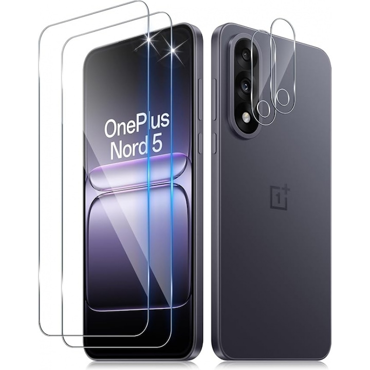 Комплект 2 протектора за екран + 2 протектора за камера, Закалено Стъкло, Прозрачни, 9H, Против Надраскване, Съвместими с OnePlus Nord 5
