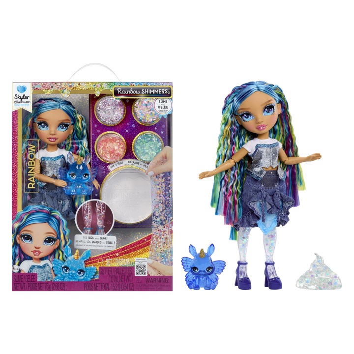 Păpușă Rainbow High Rainbow Shimmers Skyler, albastră, 28 cm, cu set de slime și iepuș de companie, set