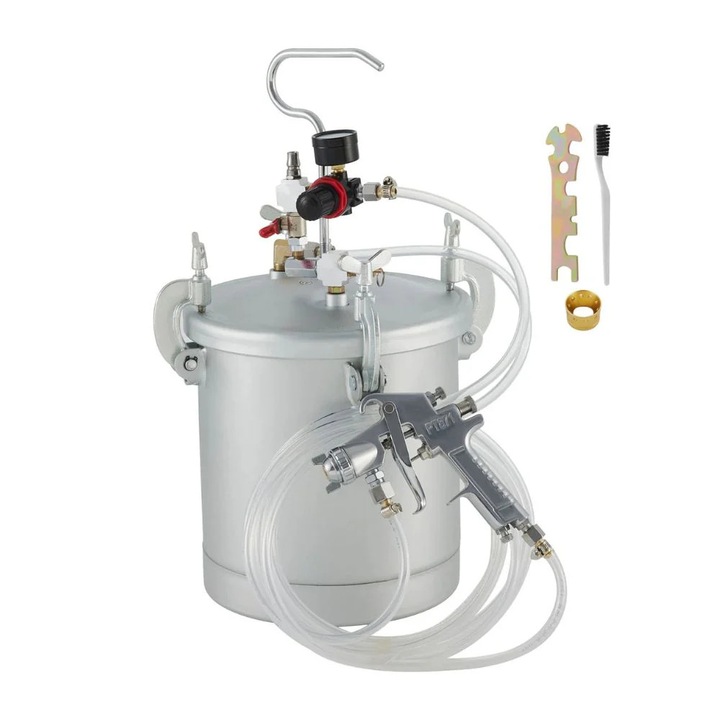 Nyomás alatti festéktartály, 10 literes űrtartalom, festékszóró pisztoly és tömlők, fém konstrukció, ezüst