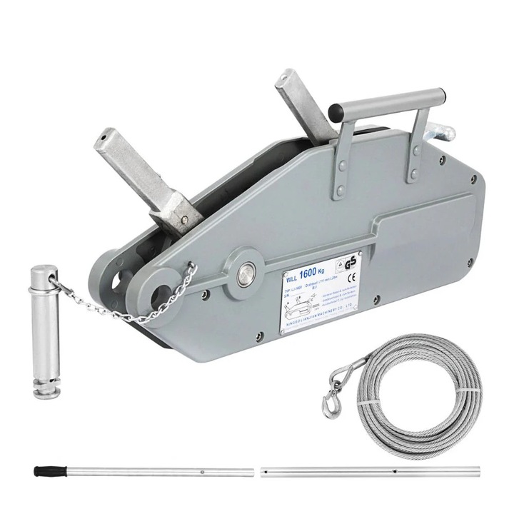 Kézi csörlő, 1,6 t kapacitás, nagy szilárdságú fémkábel, kihúzható kar, 1600 kg