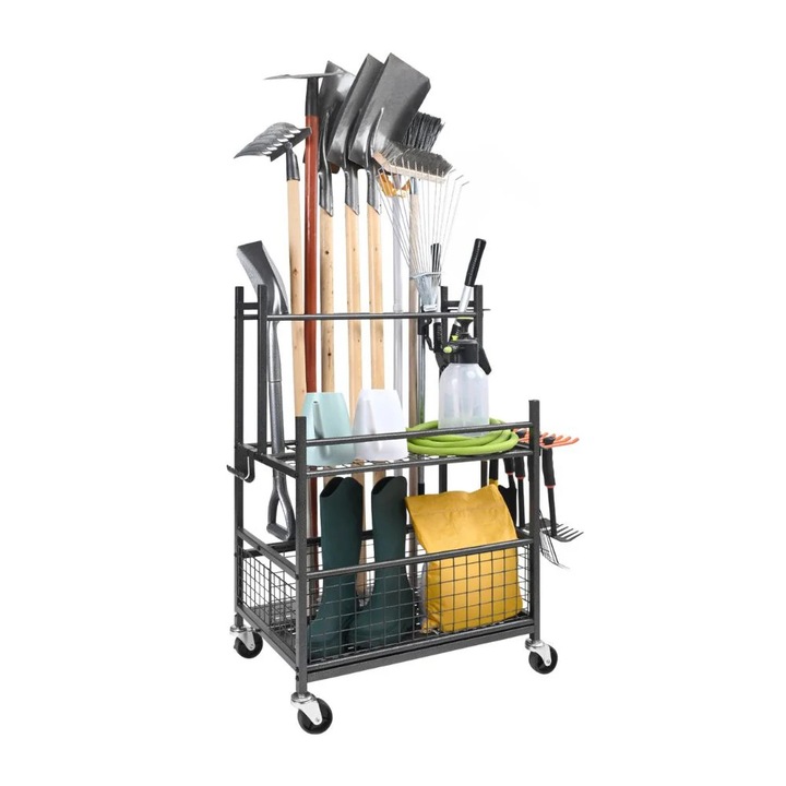 Kerti szerszámrendező, 16 rekeszes kampókkal és kerekekkel, fekete