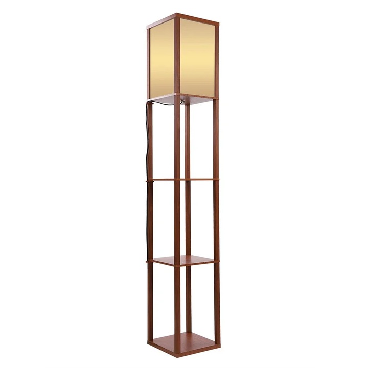 Lampa de podea, cadru din lemn, 3 rafturi, abajur din material textil, alb