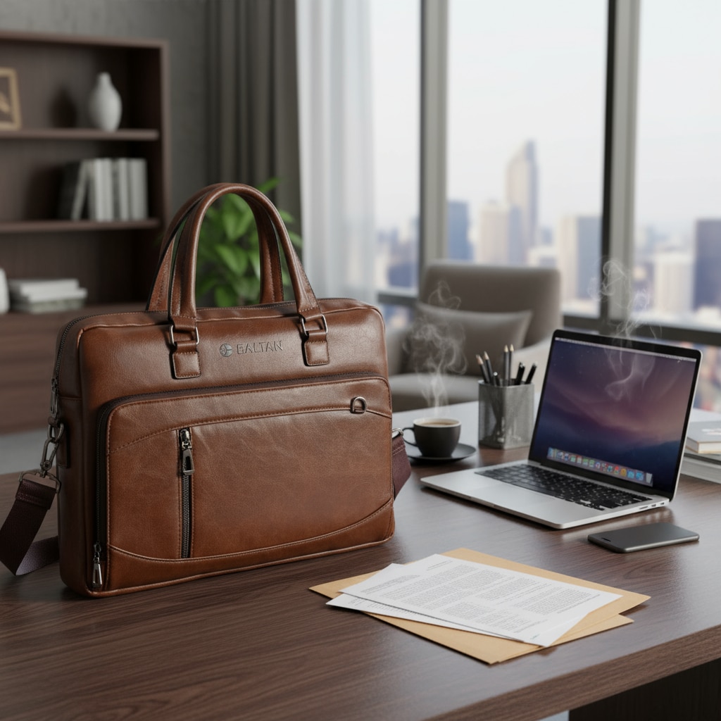 Geanta laptop, Baltan, piele ecologica, multiple compartimente, curea reglabila, 15.6 inch, maro