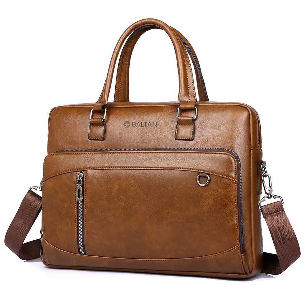 Geanta laptop, Baltan, piele ecologica, multiple compartimente, curea reglabila, 15.6 inch, maro