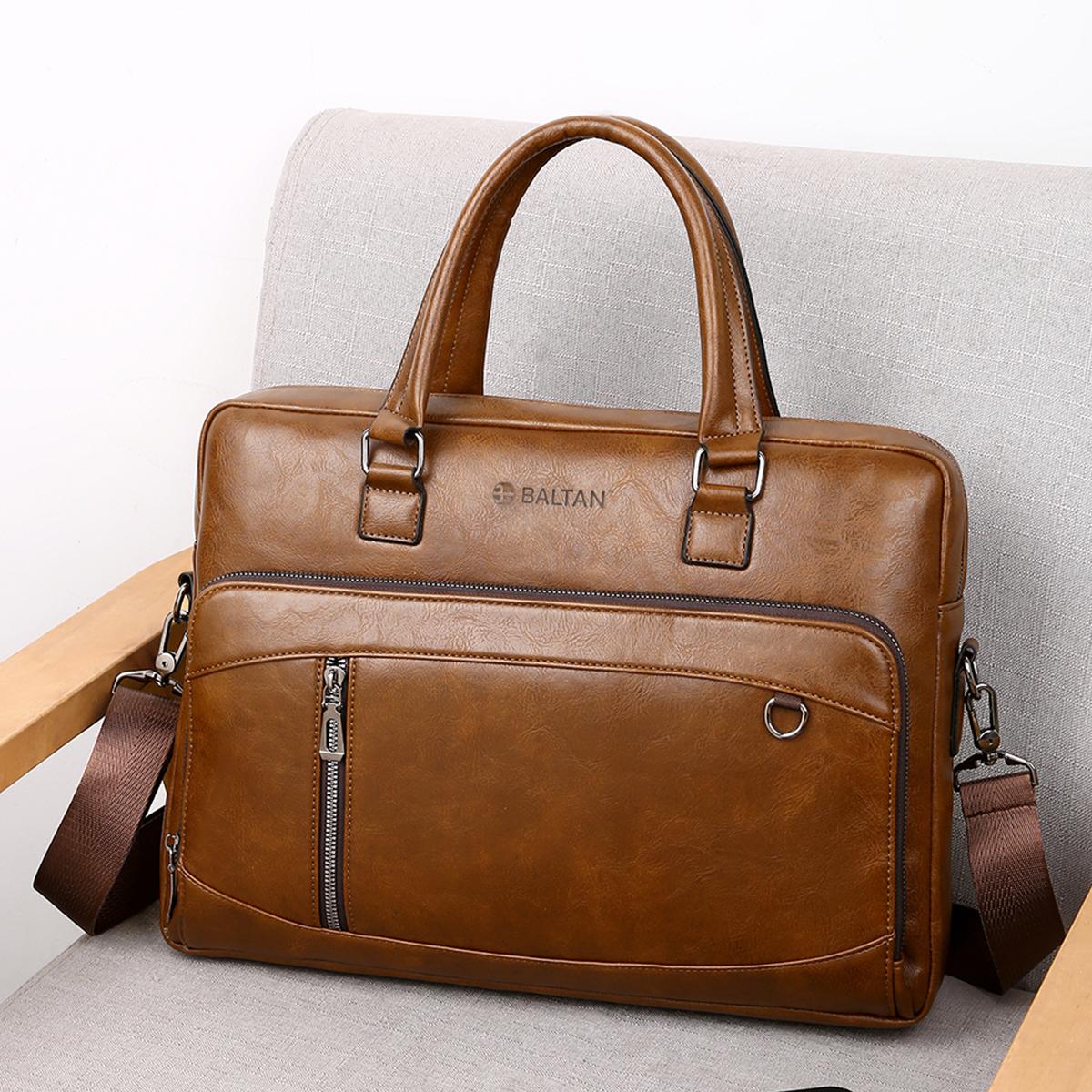 Geanta laptop, Baltan, piele ecologica, multiple compartimente, curea reglabila, 15.6 inch, maro