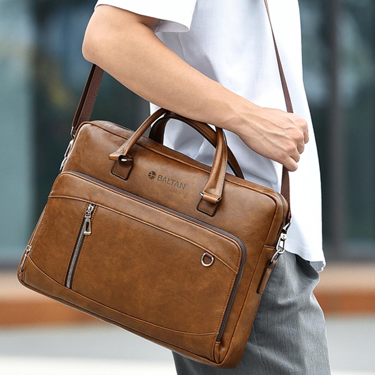 Geanta laptop, Baltan, piele ecologica, multiple compartimente, curea reglabila, 15.6 inch, maro