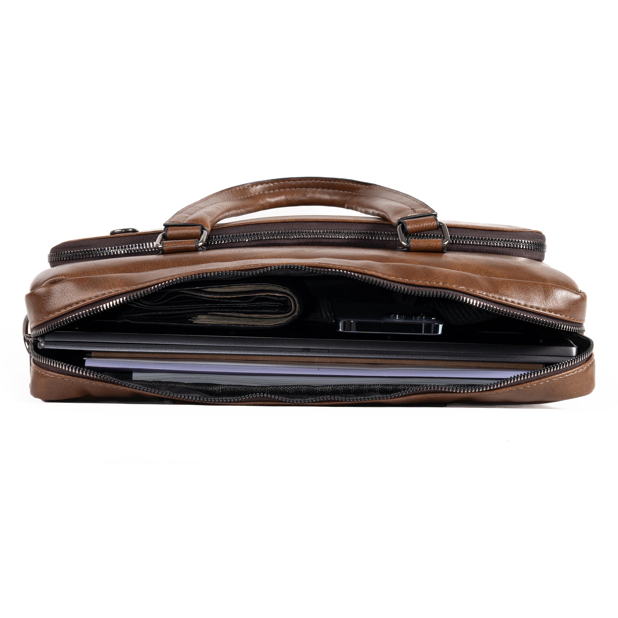 Geanta laptop, Baltan, piele ecologica, multiple compartimente, curea reglabila, 15.6 inch, maro