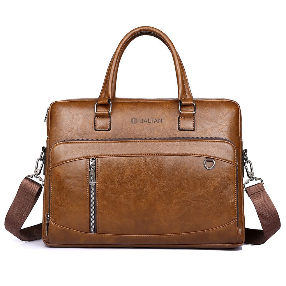 Geanta laptop, Baltan, piele ecologica, multiple compartimente, curea reglabila, 15.6 inch, maro