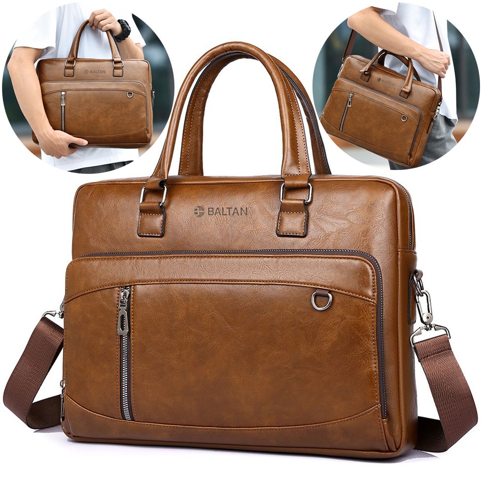 Geanta laptop, Baltan, piele ecologica, multiple compartimente, curea reglabila, 15.6 inch, maro