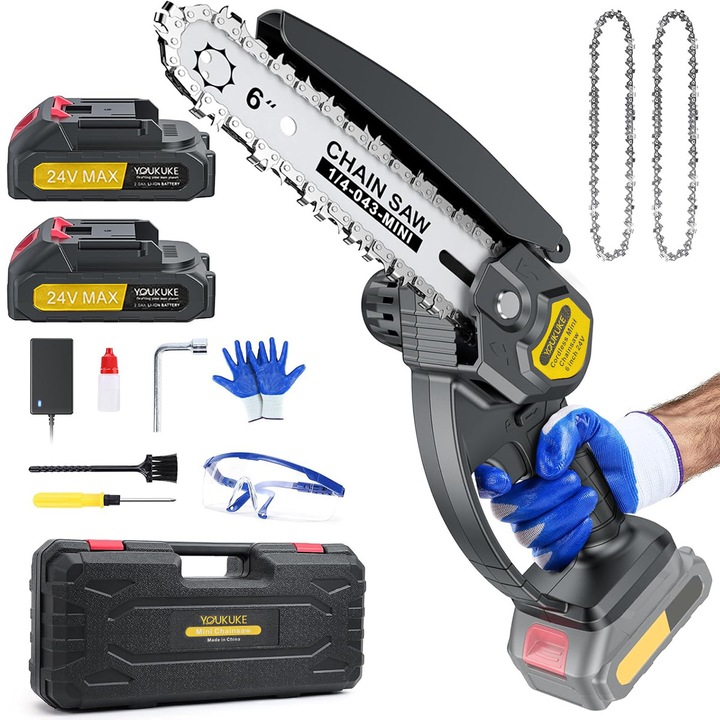 Mini ferastrau cu lant modernizat, YOUKUKE®, Motor fara peri, 6 inch, 2 x baterie, 2 lanturi, motor cu perii, putere 800W, fast charging, Reglarea automata a lantului, Negru