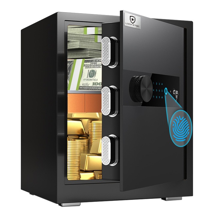 Seif electronic Extralink Lock Star X-45X cu cod si amprenta digitala cu raft si sertar 76L pentru casa si birou, antiefractie, alarma, blocare biometrica