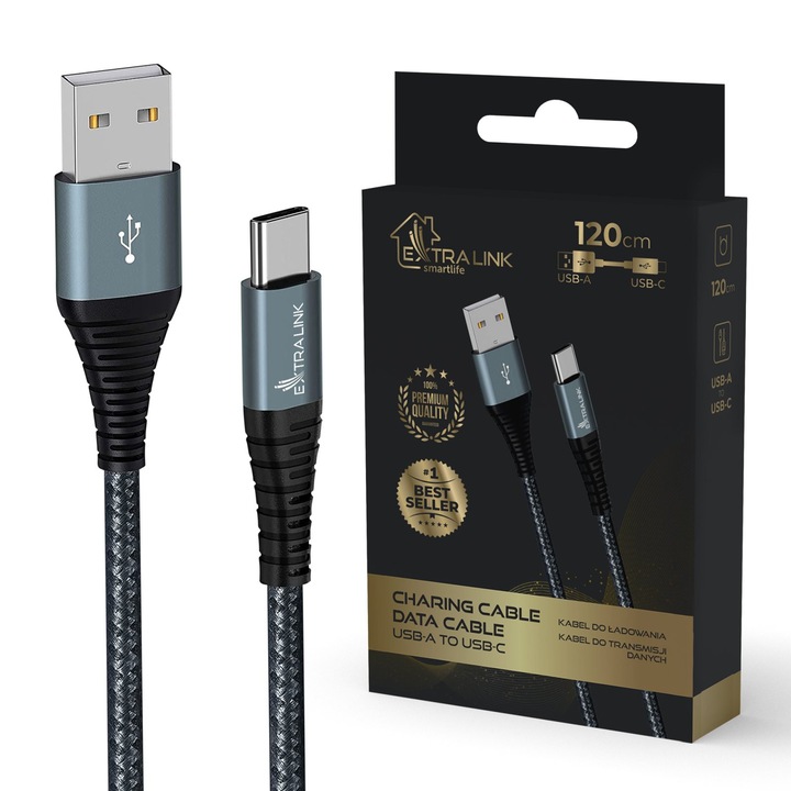 Cablu USB Extralink Smart Life USB Type-A la Type-C pentru incarcare si transfer date, lungime 120 cm, culoare neagra, cablu rezistent pentru smartphone, tableta si alte dispozitive compatibile USB-C