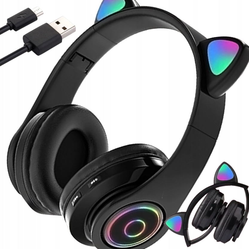 Casti cu fir Extralink Kids Headphones Pro, negre, design cu urechi de pisica, potrivite pentru copii, sunet clar si confort sporit, cablu durabil, ideal pentru muzica, jocuri si divertisment, ergonomic si sigur pentru utilizare zilnica