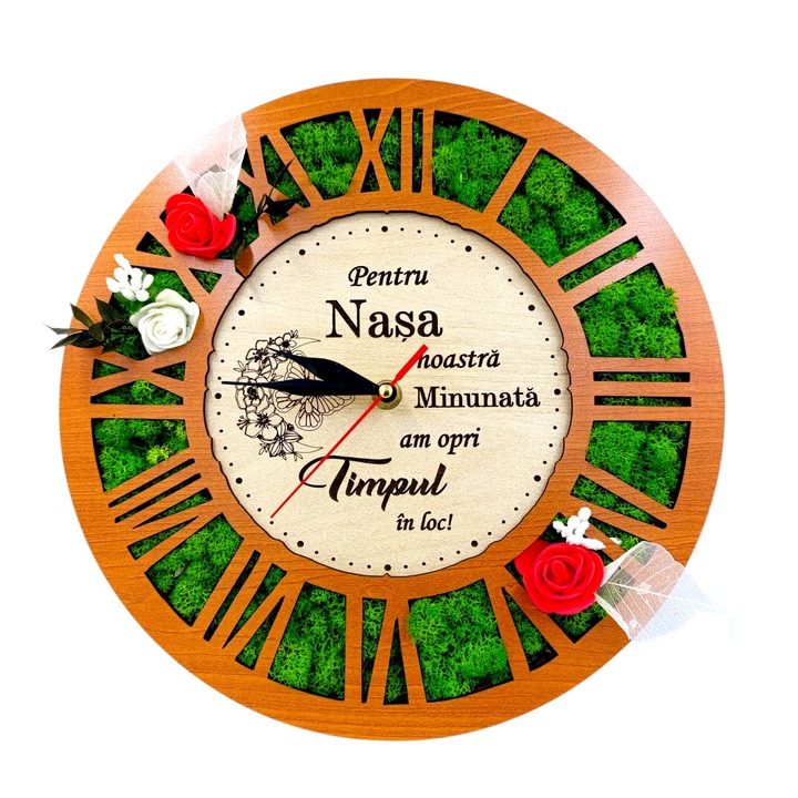 Ceas de perete cu licheni stabilizati, cadou personalizat cu mesaj pentru Nasa, dimensiune 30 cm, cires