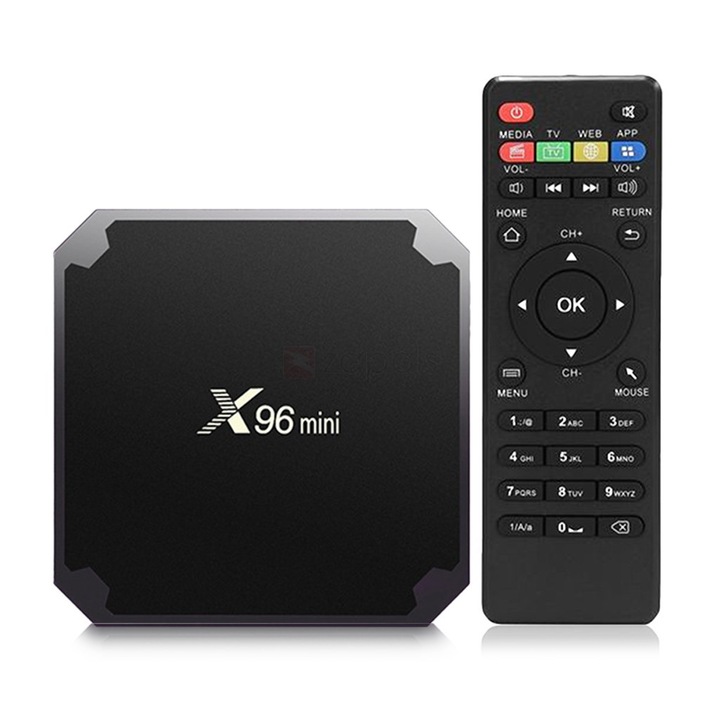 Mini PC TV Box X96 Mini, Prelungitor IR, Suport montare TV sau perete, 4K, 1GB RAM, 8GB, WiFi, HDMI, Android 7.1, filme, seriale, Youtube