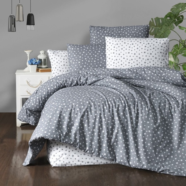 Ágynemű garnitúra, kétszemélyes, pamut, 240x260 cm, 4 részes, Különleges Ágyneműk, Szürke csillagok