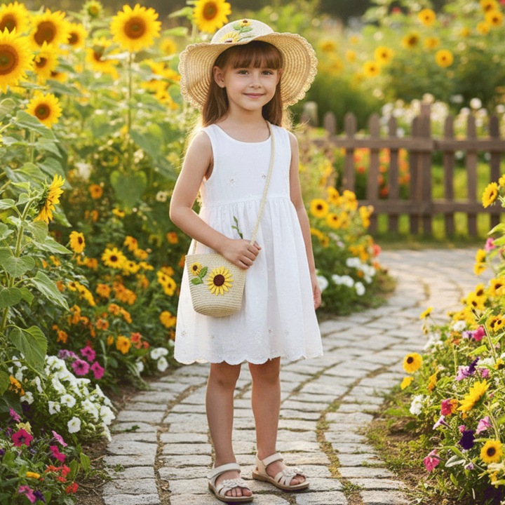 Комплект Лятна Шапка и Чанта за Момичета, Плетен Материал, Модел Слънчоглед, Бохо Шик Стил, Аксесоари за Плаж или Ежедневни Летни Тоалети, Бежов, PriStyle®