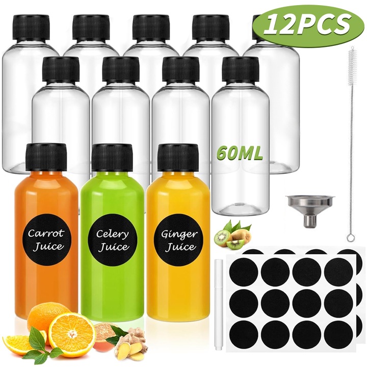 Комплект от 12 стъклени бутилки от 60 ml с капачка, Elysve, идеални за съхранение, устойчиво стъкло, херметично затваряне, за течности, пътуване, различни приложения, маркер за бяла дъска, четка, самозалепващ етикет
