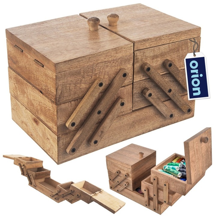 Cutie Organizator Pentru Accesorii De Cusut, Orion, Mango, 30.5x18x21 cm, Lemn Exotic De Mango, Maro Natur, Extensibila Pana La 71 cm, 5 Compartimente Spatioase, Design Elegant Lucrat Manual, Ecologic, Rezistent La Umezeala, Cutie Depozitare Premium