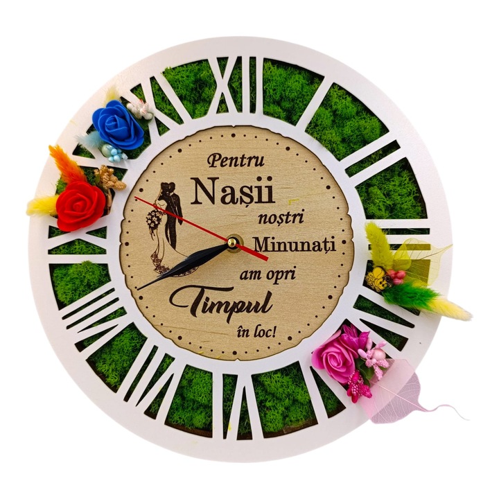 Ceas de perete cu licheni, cadou personalizat cu mesaj pentru Nasi, dimensiune 30 cm, alb