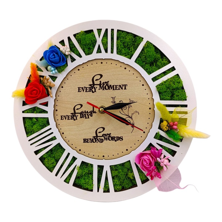 Ceas de perete cu licheni, cadou personalizat cu mesaj pentru Familie/Prieteni/Nasi in limba engleza, dimensiune 30 cm, alb