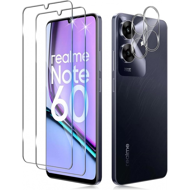 Комплект фолиа за защита на екран и камера, съвместими с Realme Note 60/60x, закалено стъкло, прозрачни, 0.33мм, 9H