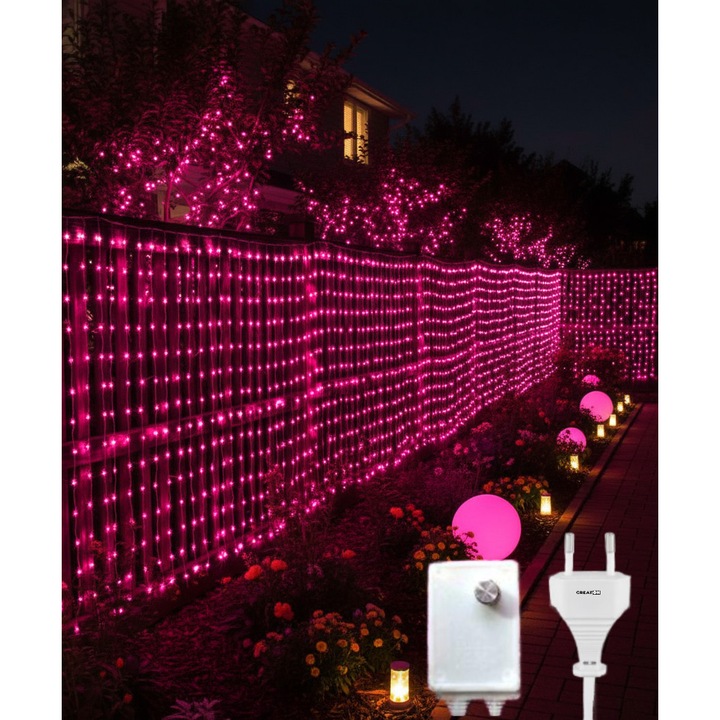 Instalație LED de Sărbători GREATON, Perdea Luminoasă Franjuri, 3m x 2m, 2 Moduri, Fir Transparent, Roz