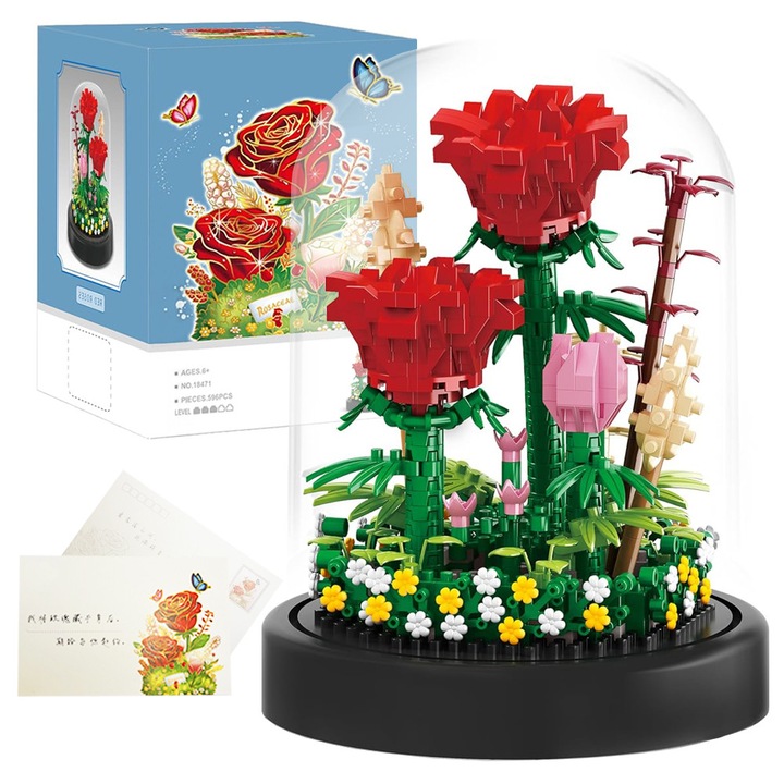 Set de constructie pentru adulti, Buchet Trandafiri, Cu felicitare, Handmade DIY, Cadouri de vacanta, 596 Piese, Rosu