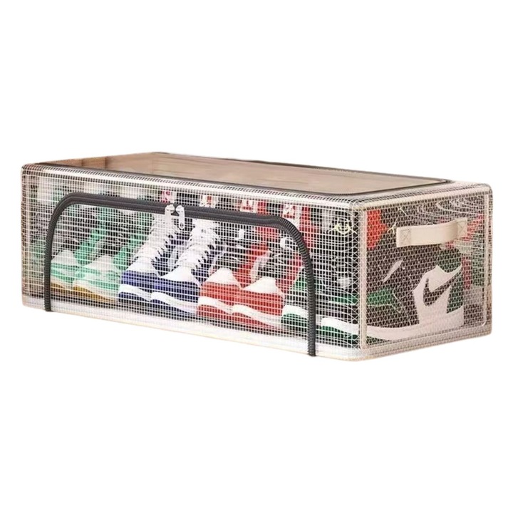 Cipőtároló doboz, 40x30x21 cm, vízálló PVC hálóból és acélvázból, összecsukható, kétirányú cipzárral, átlátszó