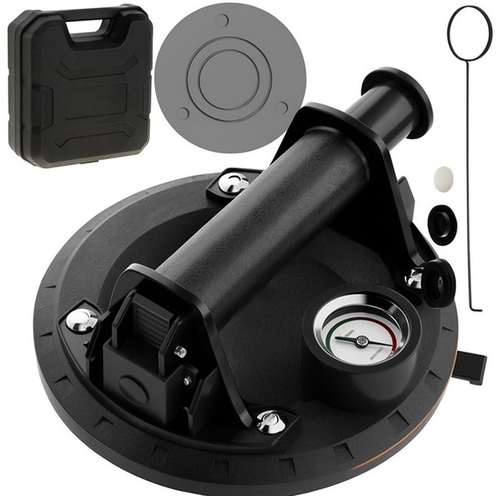 Ventuza profesionala cu pompa de vid si manometru, dublu strat, 200 kg, 760 mmHg, maner antiderapant, pentru sticla, marmura, granit, gresie, faianta, cu geanta de transport