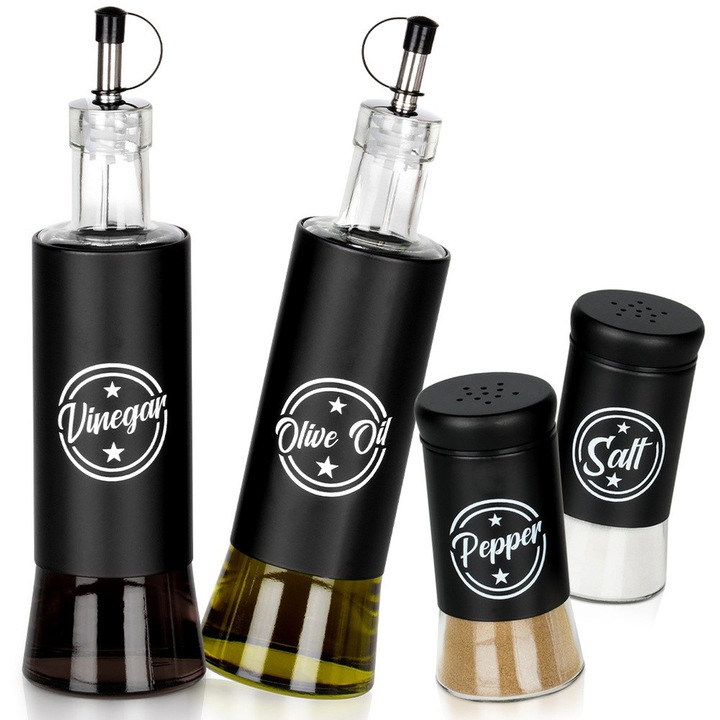 Set 2 sticle pentru ulei si otet, 2 solnite si 2 piperute, VILDE, sticla, negru, 6,5x6,5x24cm, 300ml