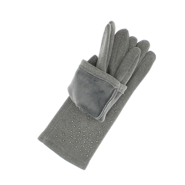 Дамски ръкавици, зимни, от синтетичен материал и памук, с пръсти, модел със стрази, един размер, Сиви - MA312