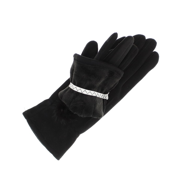 Manusi dama, de iarna, din material sintetic si bumbac, cu degete, model cu ciucure, one size, Negru - MA329