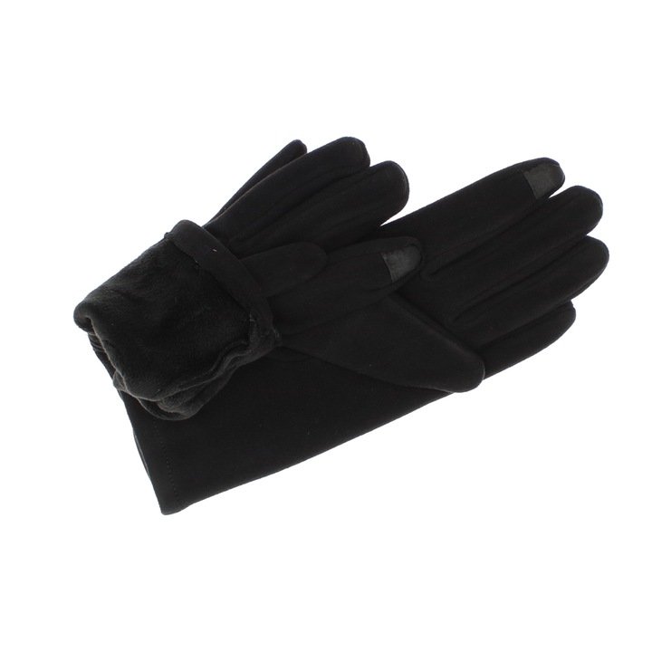 Manusi dama, de iarna, din material sintetic si bumbac, cu degete, one size, cu fundita, Negru - MA361